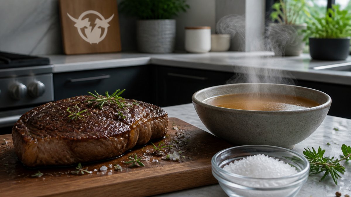 Grass-fed beef steak on a wooden cutting board alongside a steaming bowl of bone broth and sea salt crystals in a small glass dish, with fresh herbs scattered nearby on a marble countertop