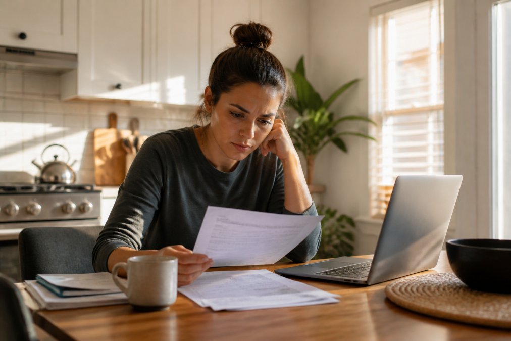 A person sitting at a kitchen table reviewing lab paperwork beside an open laptop and a mug of coffee, brow furrowed as she reads the document under warm afternoon light