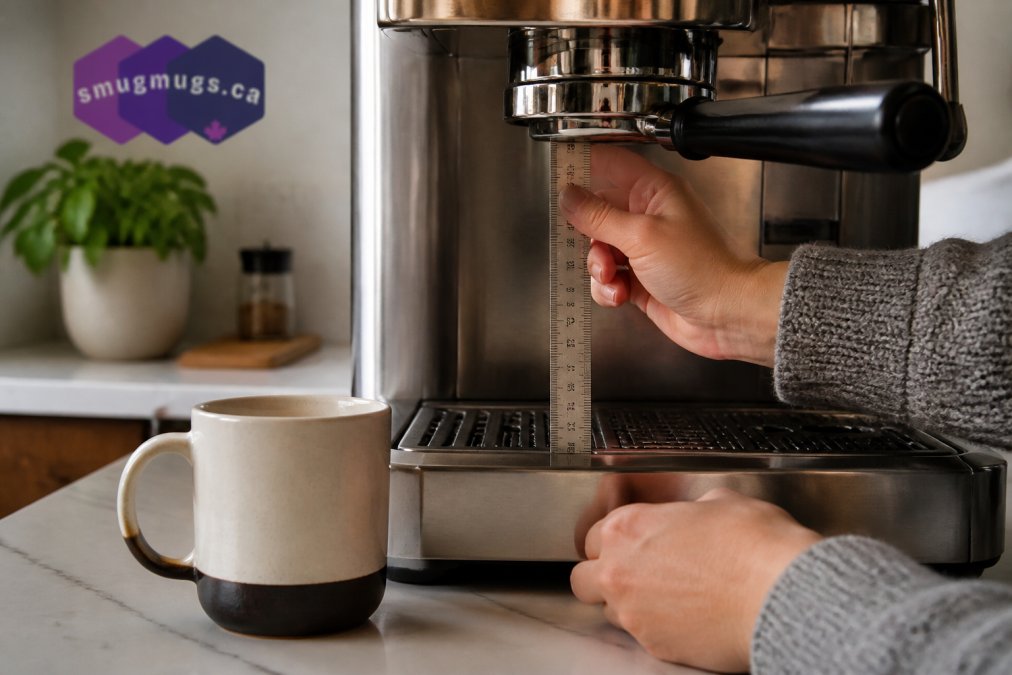 Close-up of hands using a ruler to measure the vertical clearance between an espresso machine group head and the drip tray, with a ceramic mug sitting nearby on a kitchen counter