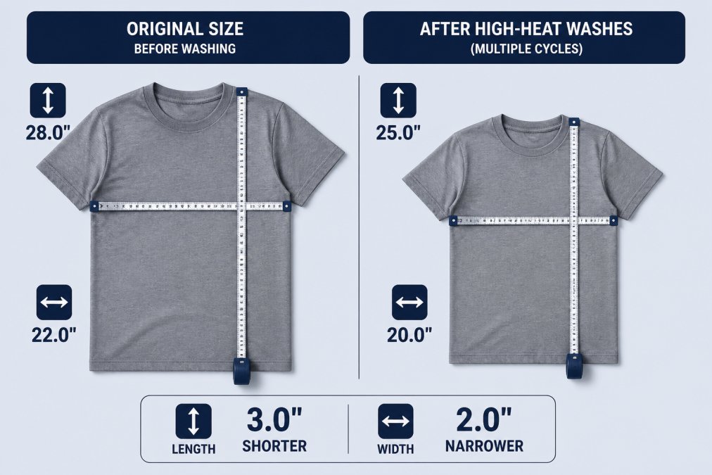 Side-by-side flat-lay comparison of two identical grey graphic tees, one at original size and one after several high-heat washes, with a tape measure showing the difference in body length and chest width