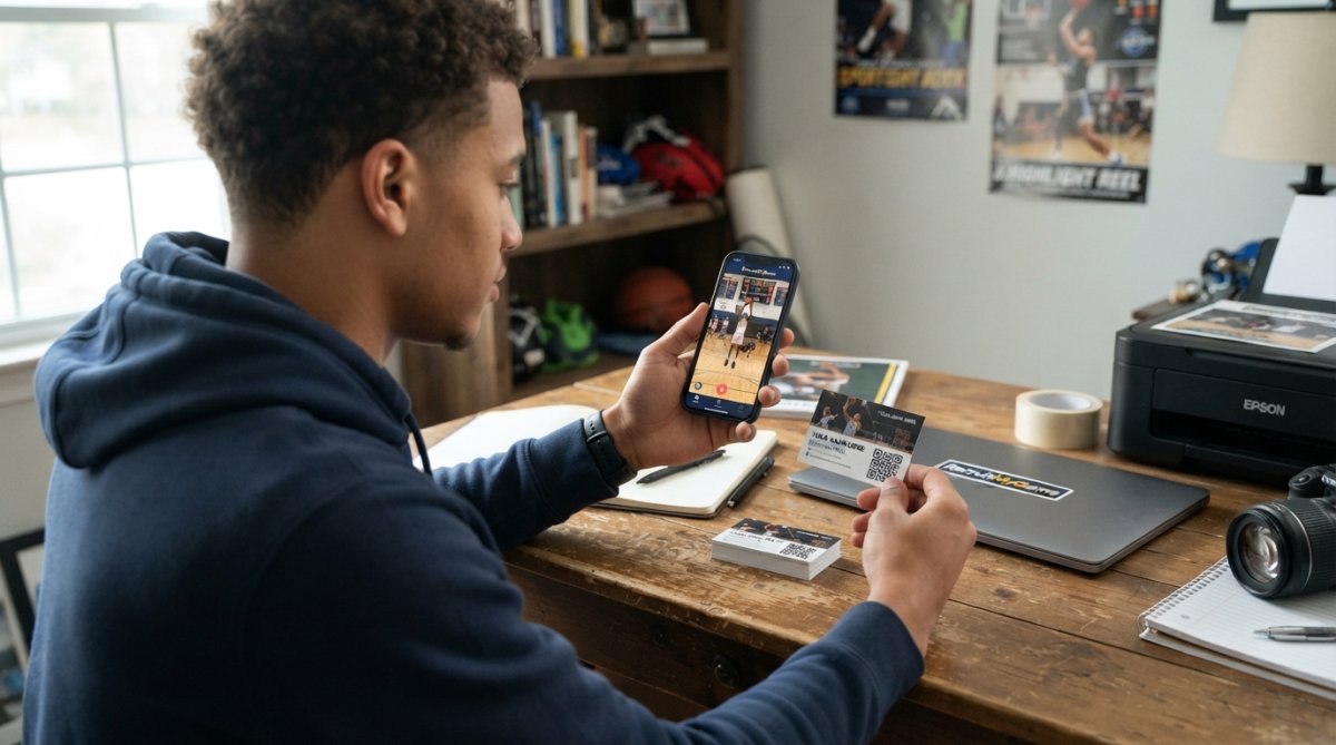 High school athlete holding a physical business card with a QR code printed in the corner while checking their smartphone displaying their highlight reel video playing after scanning the code