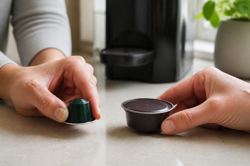 Close-up of hands holding a small dome-shaped coffee capsule next to a larger flat-topped capsule on a kitchen counter, with a blurred coffee machine in the background and soft natural window light