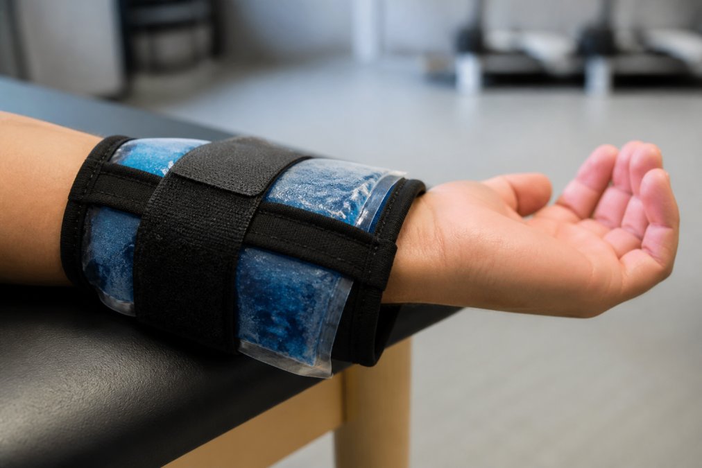 Close-up of a person's wrist with a cold compression sleeve applied, showing the gel pack in direct contact with skin, frost visible on the pack surface in a clinical recovery setting
