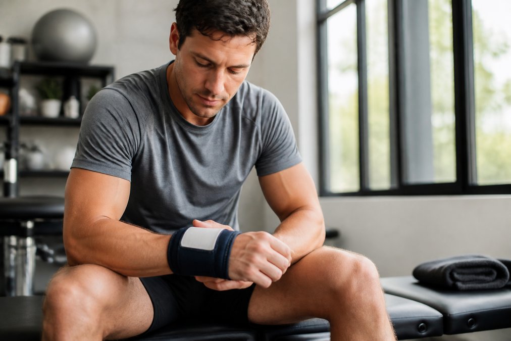 An athlete wearing a cold compression sleeve on their wrist while seated in a recovery setting, appearing focused and comfortable, natural lighting from nearby window
