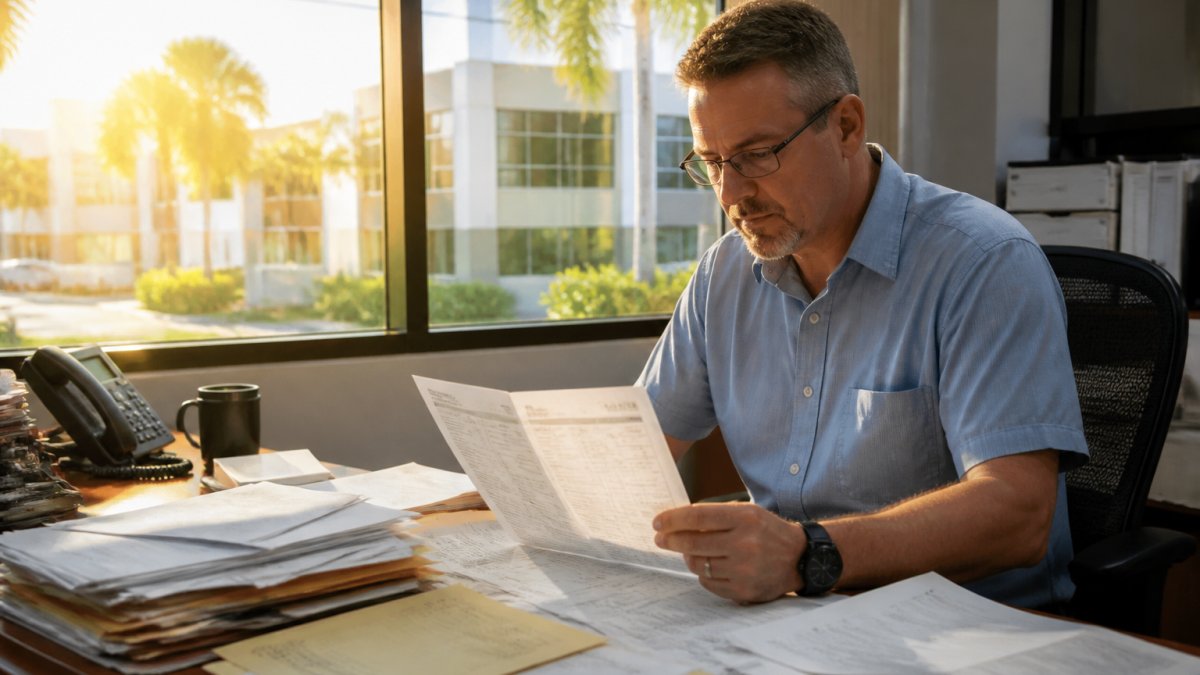 Building manager reviewing a utility bill for commercial energy efficiency at a sunlit desk in the afternoon.