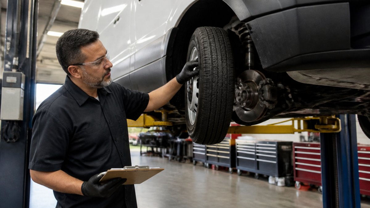 ASE-certified technician performing preventative maintenance on a commercial van’s tires and brakes in a shop