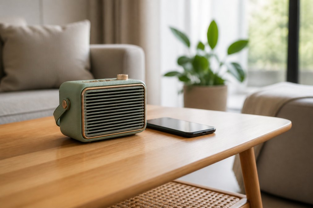 A compact retro-styled Bluetooth speaker sitting on a wooden coffee table next to a smartphone, bright modern living room with soft window light emphasizing the speaker's small size