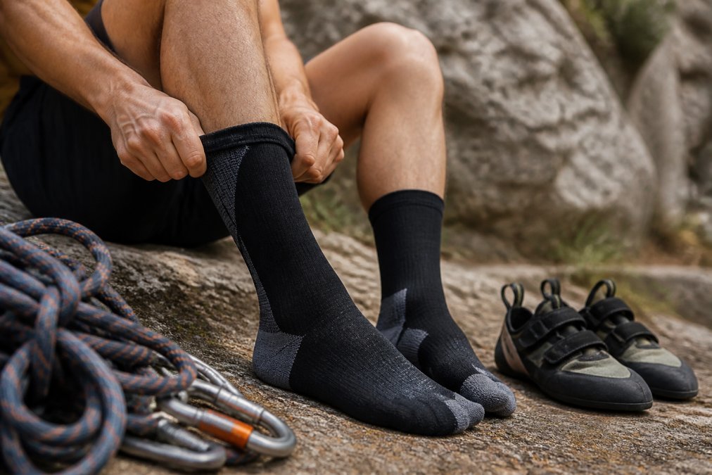 Close-up of a climber's hands pulling on a pair of compression socks before putting on climbing shoes, with a rope and carabiner visible in the background