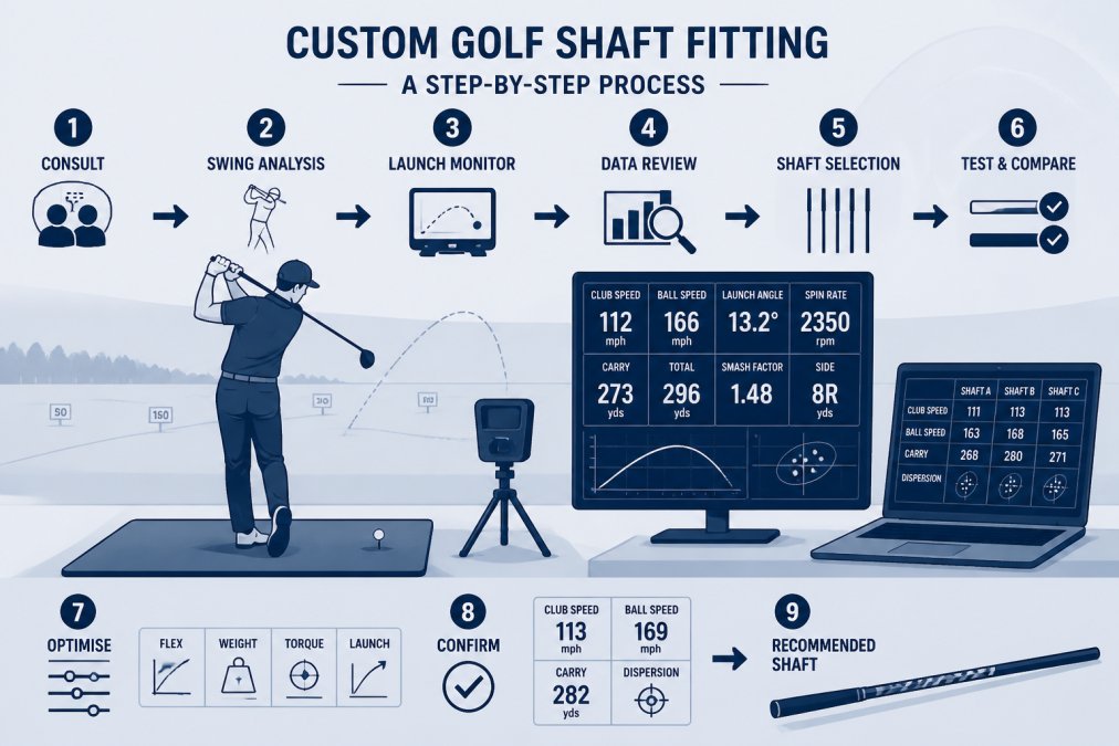Golfer mid-swing at a driving range with launch monitor equipment positioned to capture real-time swing data, showing the fitting process in action