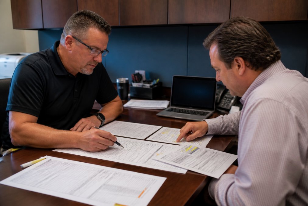 A dealership controller and an outside consultant reviewing printed invoices and a laptop screen across a desk in a dealership back office, with a DMS dashboard visible on the monitor