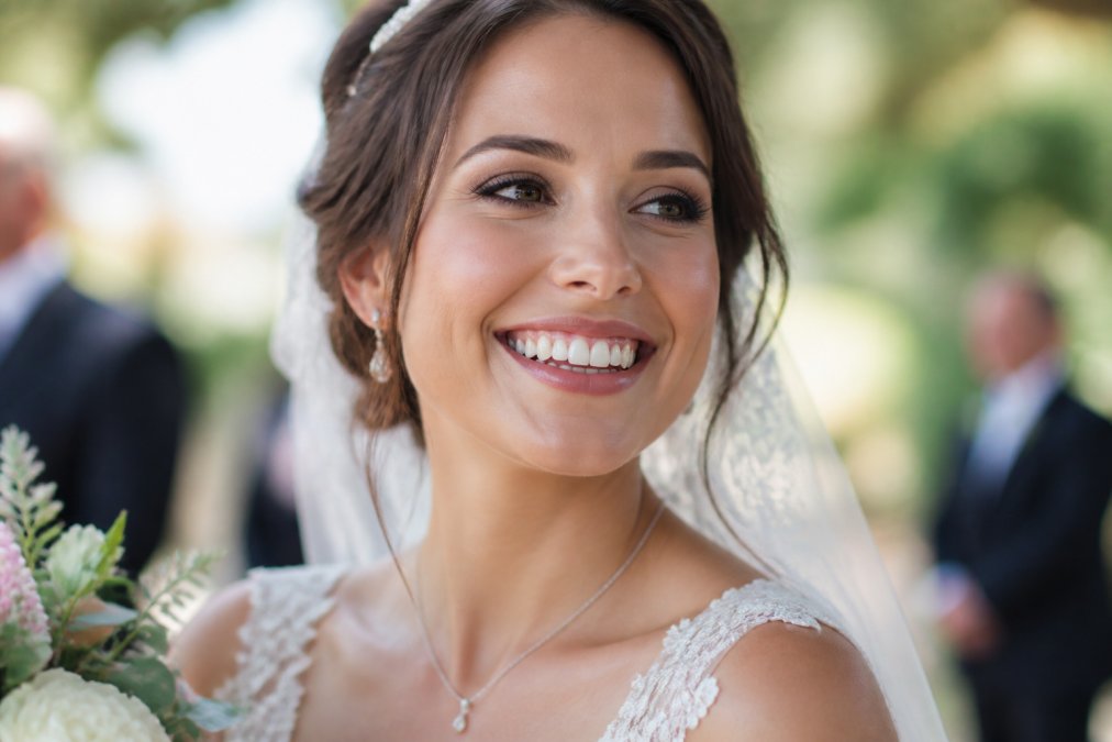 A close-up photograph of a bride smiling naturally, showing her teeth in soft natural daylight, with a wedding bouquet slightly visible at the edge of the frame