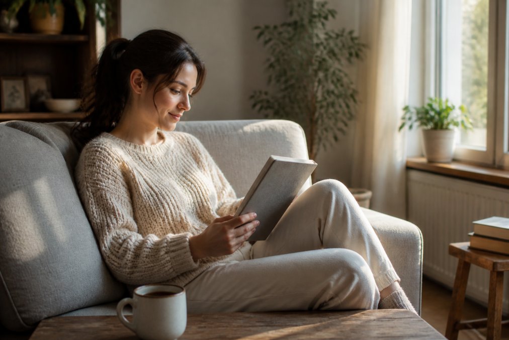 Person reading a wellness ebook on a tablet in a calm home environment with soft natural light, a warm cup of tea nearby, relaxed posture suggesting focused engagement with digital content