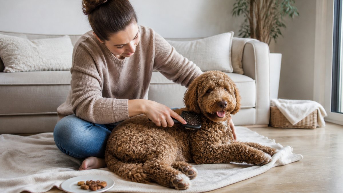 A calm dog owner sitting on a living room floor gently brushing a relaxed curly-coated dog, with the dog lying comfortably on a soft blanket and a few treats nearby