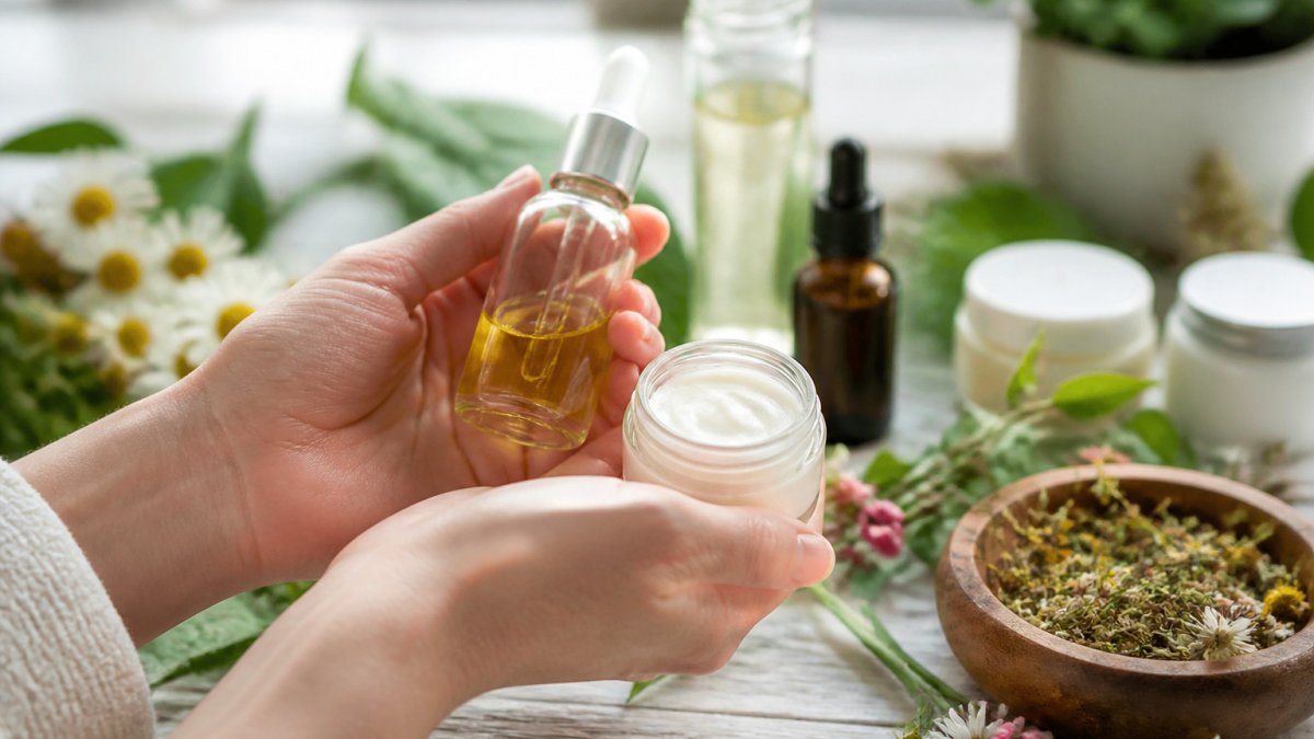 Infographic showing how eco-friendly wellness products use botanical ingredients to soothe and heal skin