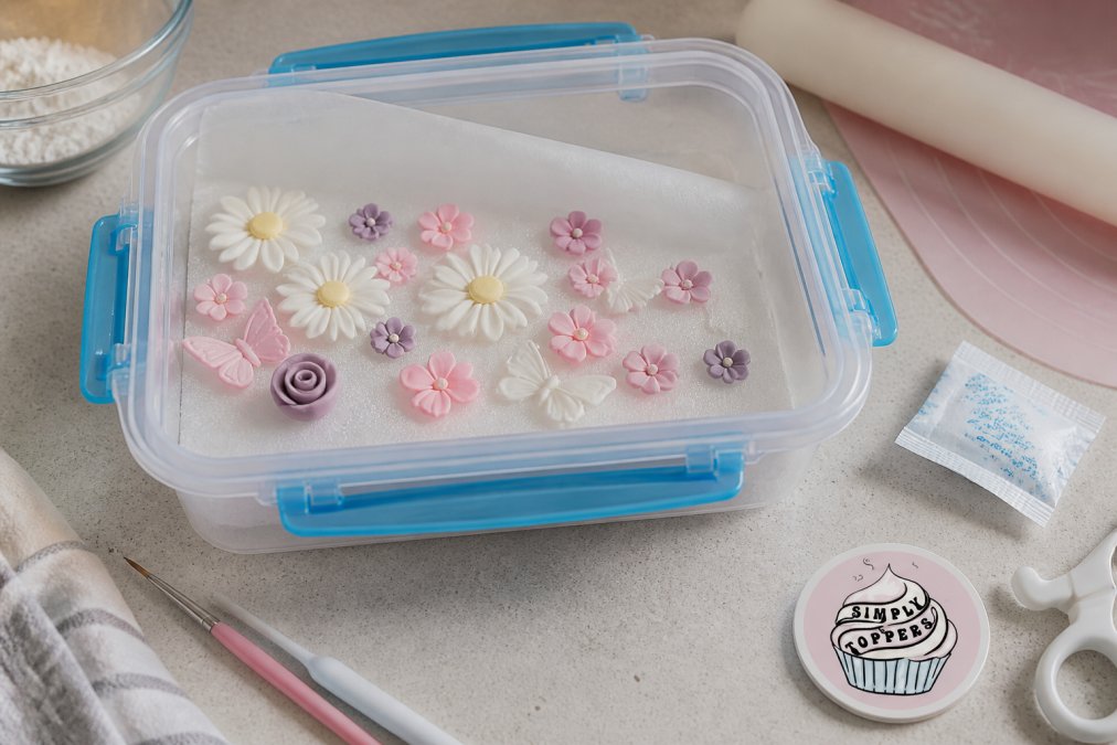 Close-up of colourful handmade sugar paste cake toppers stored carefully in an open airtight container on a kitchen worktop, with a small silica gel packet visible beside them