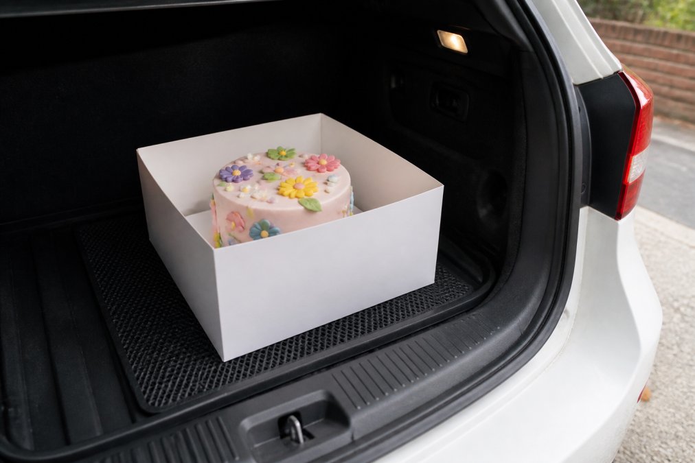 A decorated celebration cake with colourful edible toppers placed inside a sturdy white cake box on the flat boot floor of a car, secured upright with a non-slip mat beneath it, photographed in natural daylight