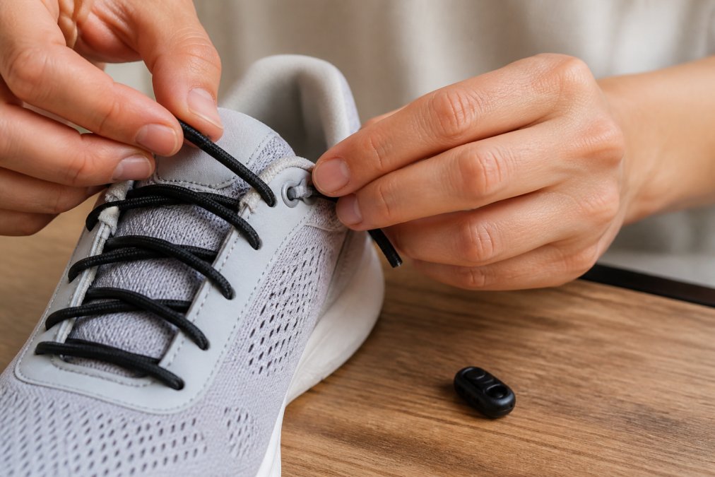 Close-up of hands threading an elastic lace through a sneaker eyelet with a cord clip resting on a table beside the shoe