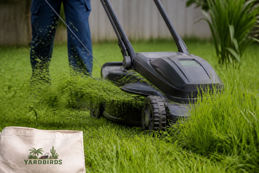 Close-up of electric lawn mower blade cutting through dense, overgrown grass with visible clippings discharge and grass engagement