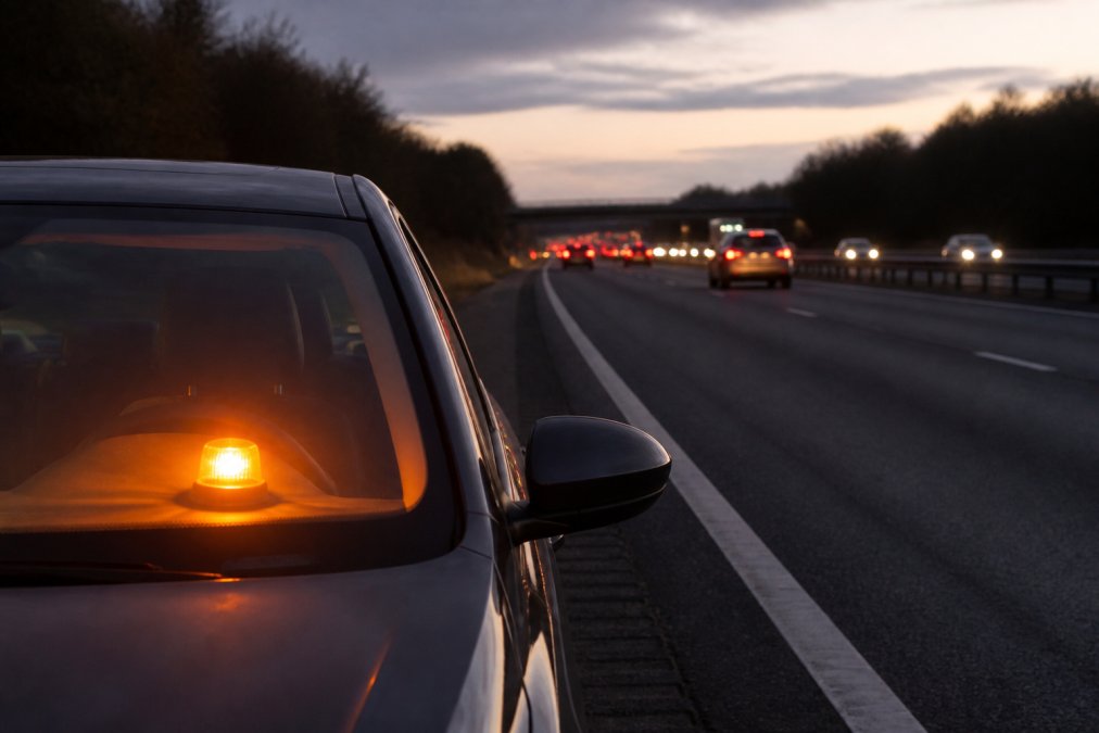 Do Emergency Beacons Actually Prevent Accidents? A stranded vehicle on a busy motorway at dusk with an amber flashing emergency beacon visible on the dashboard, other vehicles approaching in the distance with brake lights illuminated