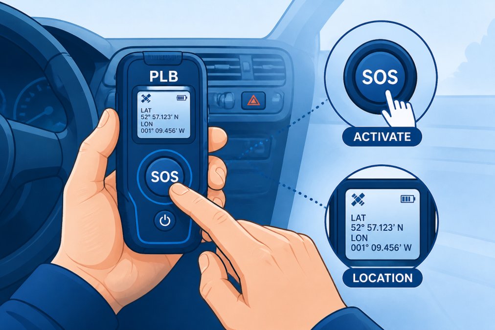 Do Emergency Beacons Actually Prevent Accidents? Close-up of a driver's hands activating an emergency beacon device inside a stationary vehicle, showing the activation button and display screen with location coordinates visible