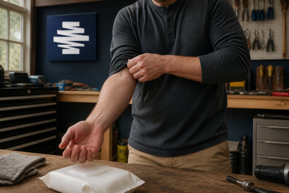 A man in a garage or workshop setting, rolling up his sleeve to check the inside of his forearm where a small patch of skin is visible, with a body wipe package resting on a workbench nearby