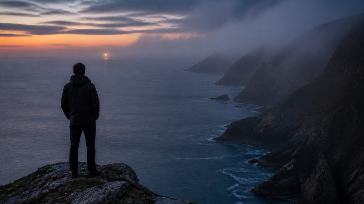 A lone figure standing at the edge of a remote coastal cliff at dusk, looking out over dark water, with mist rolling in and a single distant light on the horizon