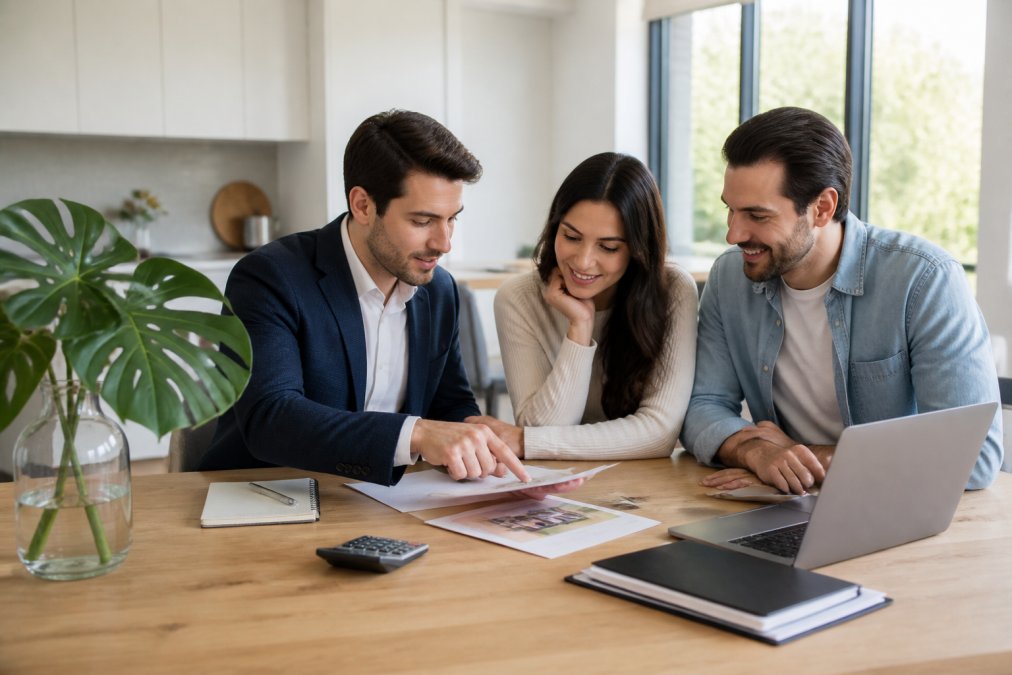 A professional buyer's agent and a young couple reviewing property listings and documents on a laptop at a dining table in a bright apartment, with a calculator and notepad nearby