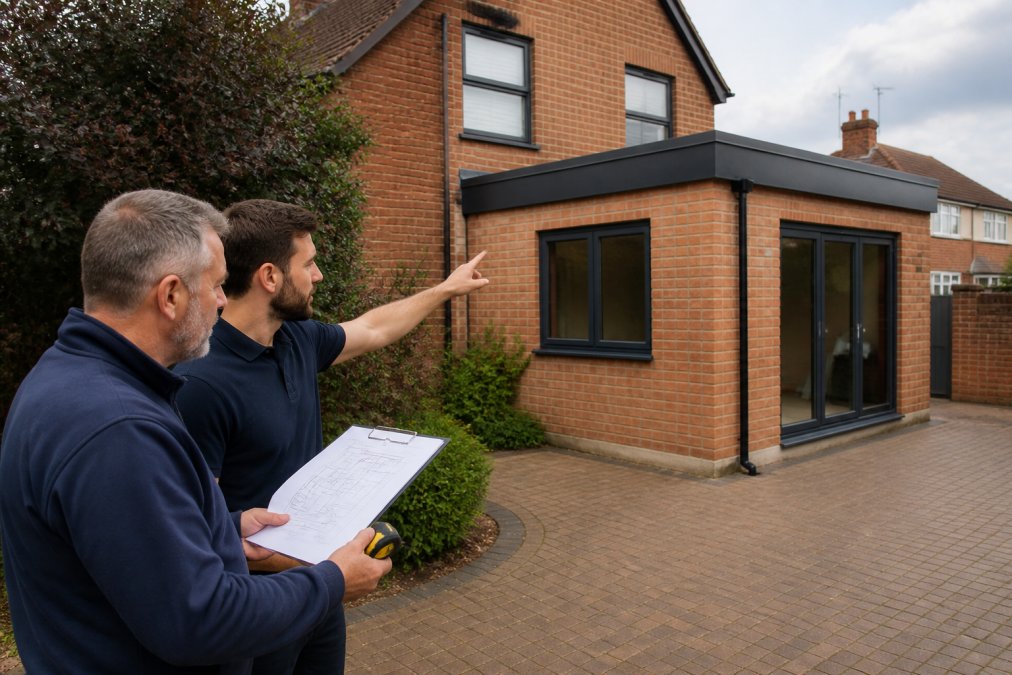 A homeowner and a roofing contractor standing on a driveway, reviewing plans and pointing at a flat roof extension on a brick house, with a clipboard and tape measure visible
