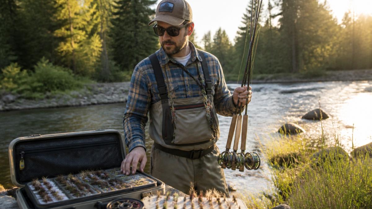 Professional fly fishing guide holding multiple fly rods and reels at the riverbank, with a tackle box and hand-tied flies displayed on a nearby surface, morning sunlight reflecting off the water