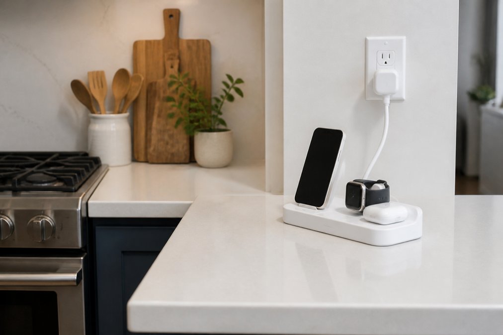 Organized kitchen counter with a single charging station replacing multiple tangled power cords and individual chargers, showing a clean, minimalist countertop with the station positioned near the edge