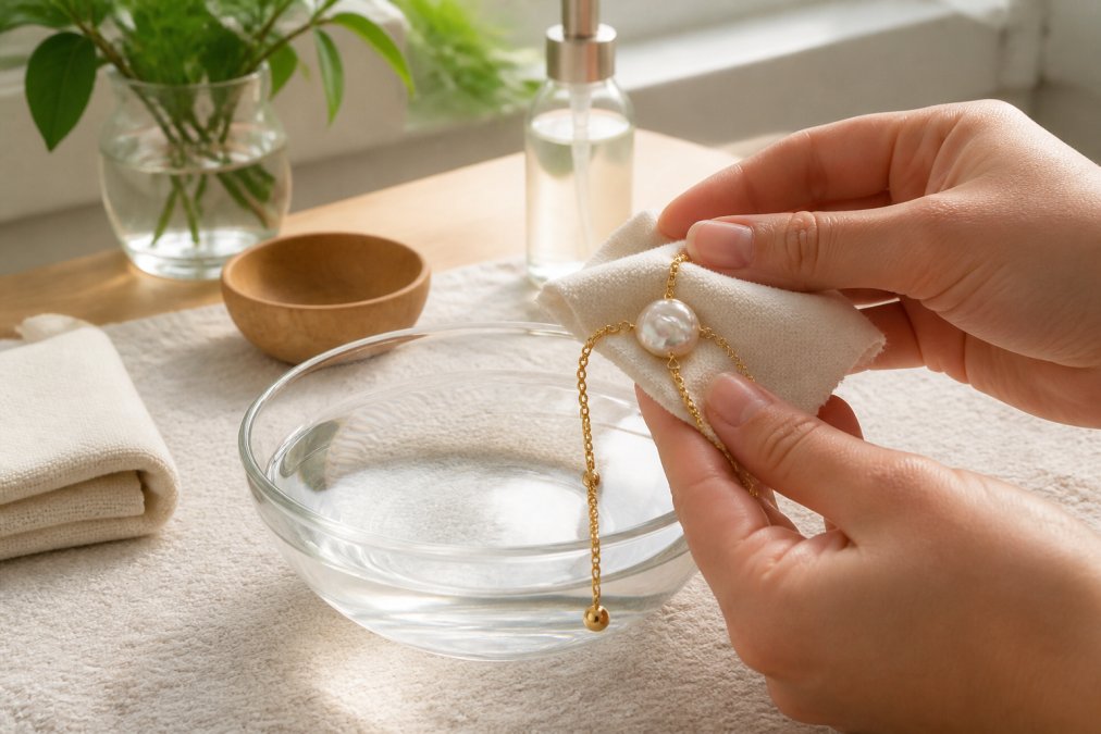 Hands gently wiping a freshwater pearl necklace with a soft, damp microfibre cloth over a shallow bowl of lukewarm water, with soft natural morning light streaming through a window