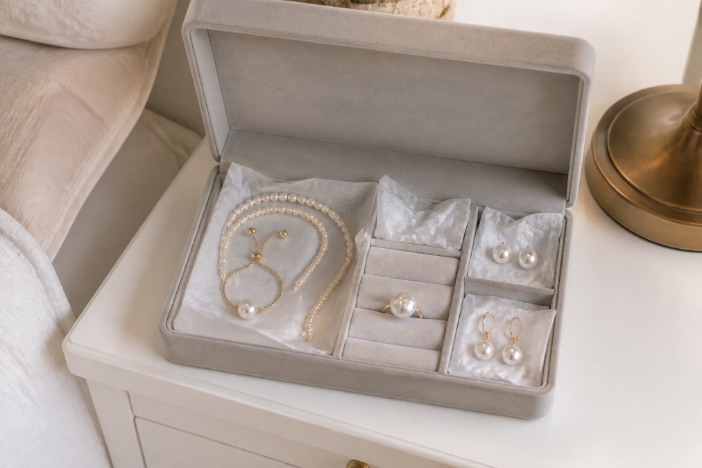 A soft velvet jewellery box lined with tissue paper, holding several freshwater pearl pieces arranged separately, necklace coiled gently, earrings in individual compartments, ring on a small stand, in a cool, dry bedroom corner away from direct sunlight
