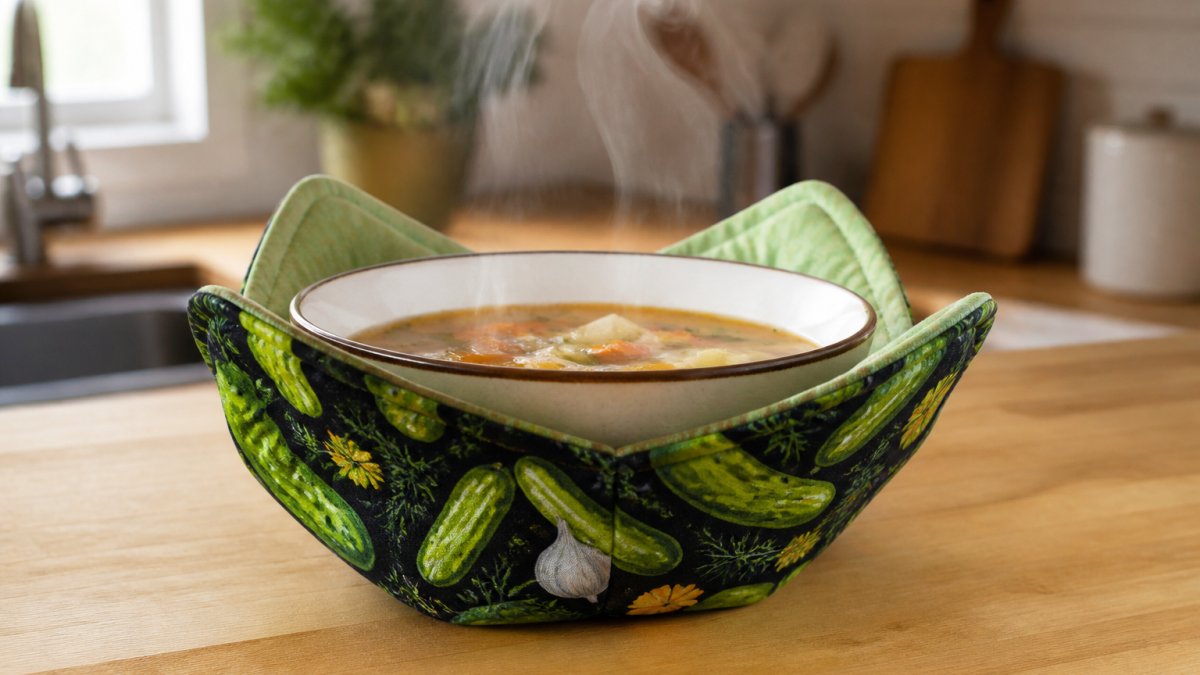 Steaming bowl in a colorful cotton cozy with pickle graphics on a wooden counter
