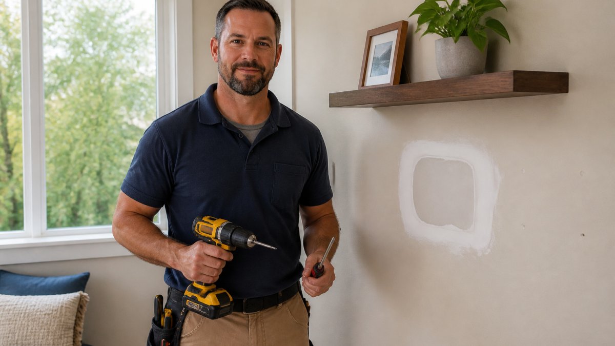 Handyman holding a drill and screwdriver next to a newly installed shelf to show do handyman services handle small home