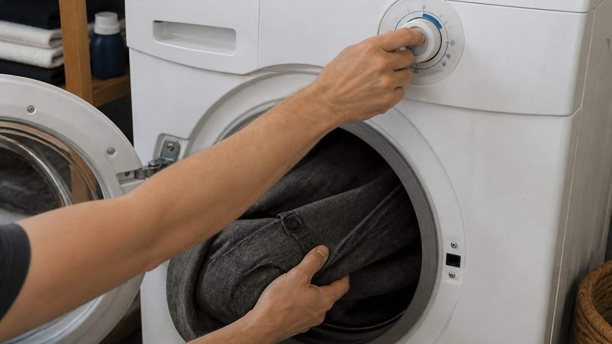 Hands placing a heavyweight cotton shirt into a washing machine set to cold water