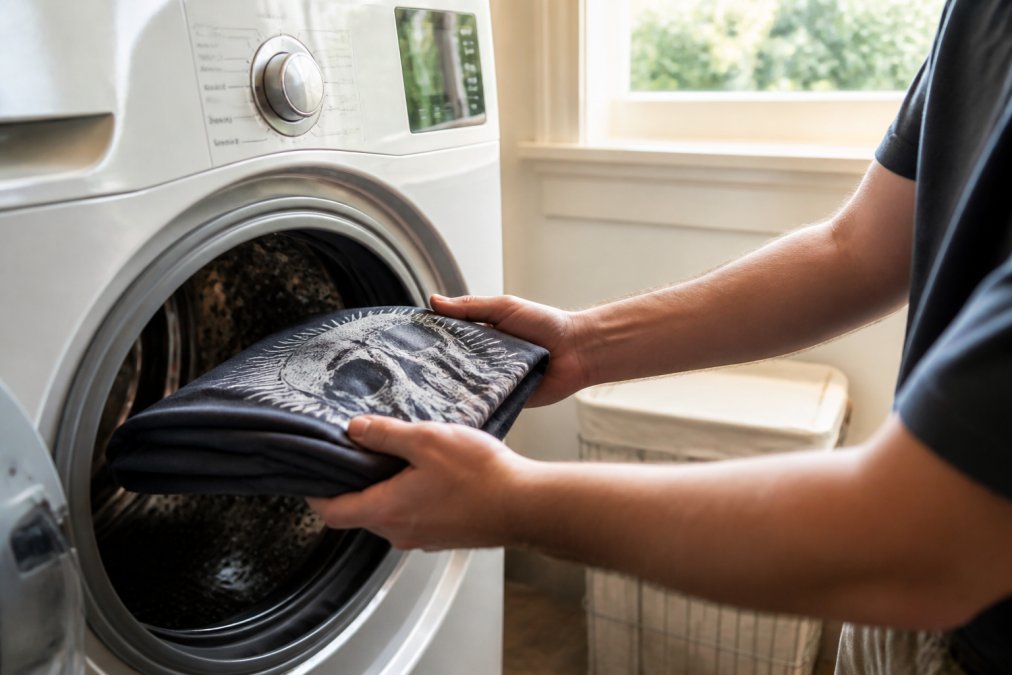 Close-up of a pair of hands carefully placing a folded thick cotton graphic tee into a front-loading washing machine drum, with the temperature dial visibly turned to the cold setting, shot in a clean laundry room with natural daylight coming through a nearby window