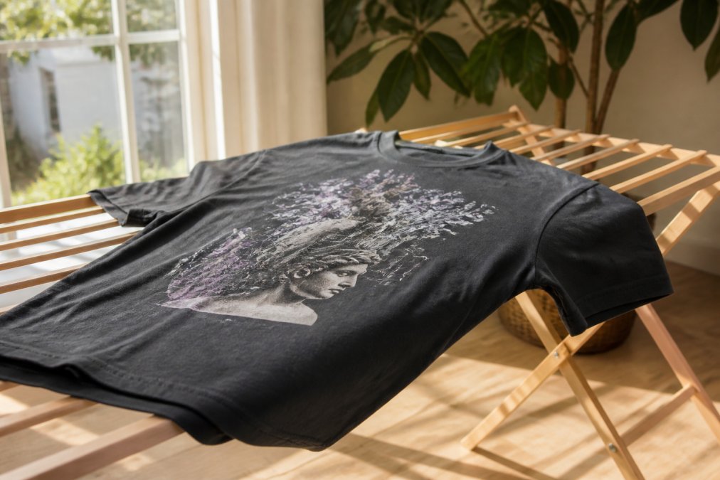 A heavyweight graphic t-shirt laid flat on a natural wood slatted drying rack positioned near a bright window, air drying in an airy, well-lit indoor space with soft afternoon light casting gentle shadows across the fabric