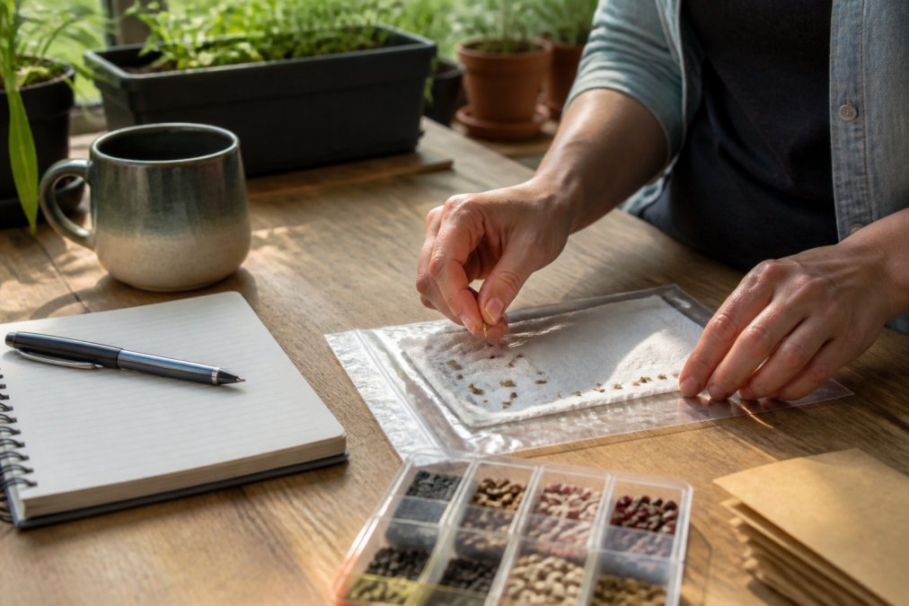 Close-up of a gardener's hands placing heirloom seeds on a damp paper towel inside a clear plastic bag on a sunny kitchen counter, with a notebook and pen nearby for labeling