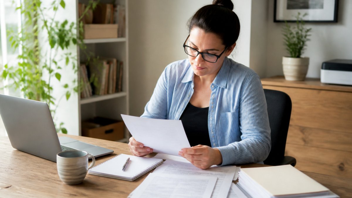 Home-based business owner sitting at a desk reviewing insurance documents and policies with a laptop, notepad, and coffee cup in a bright home office setting