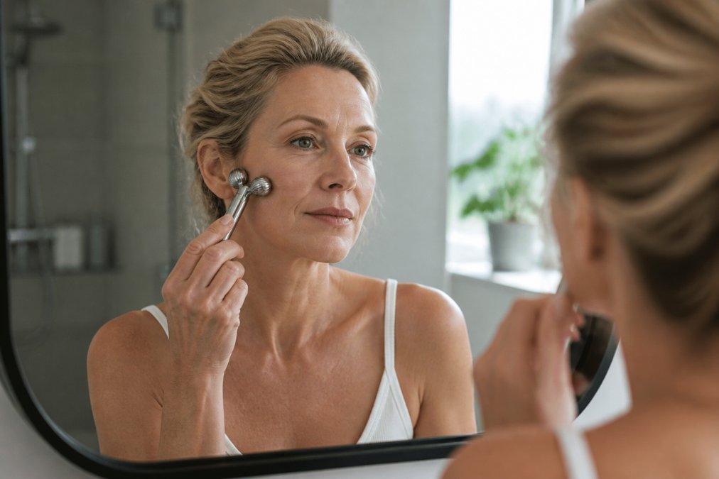 A woman in her late 40s applying a small facial massager device to her cheek while looking into a bathroom mirror, soft natural window lighting, calm relaxed expression