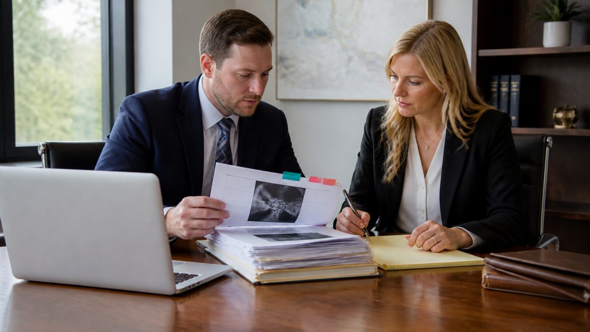 Two legal professionals reviewing a thick stack of medical records and documents at a wooden conference table, with a laptop open and notepads nearby in a bright office