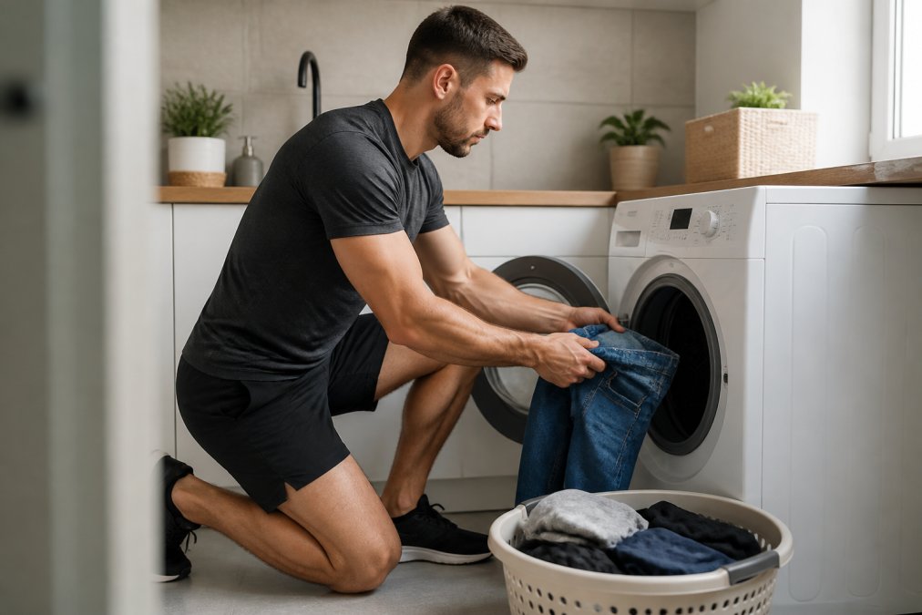 A person in athletic wear carefully placing hyper stretch jeans into a front-loading washing machine on a gentle cycle, with a laundry basket of gym clothes nearby in a bright utility room