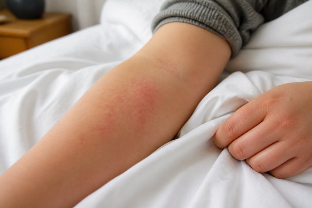 Close-up of a person's forearm showing mild skin irritation while lying on white bedsheets in a softly lit bedroom, with a gentle hand touching the fabric