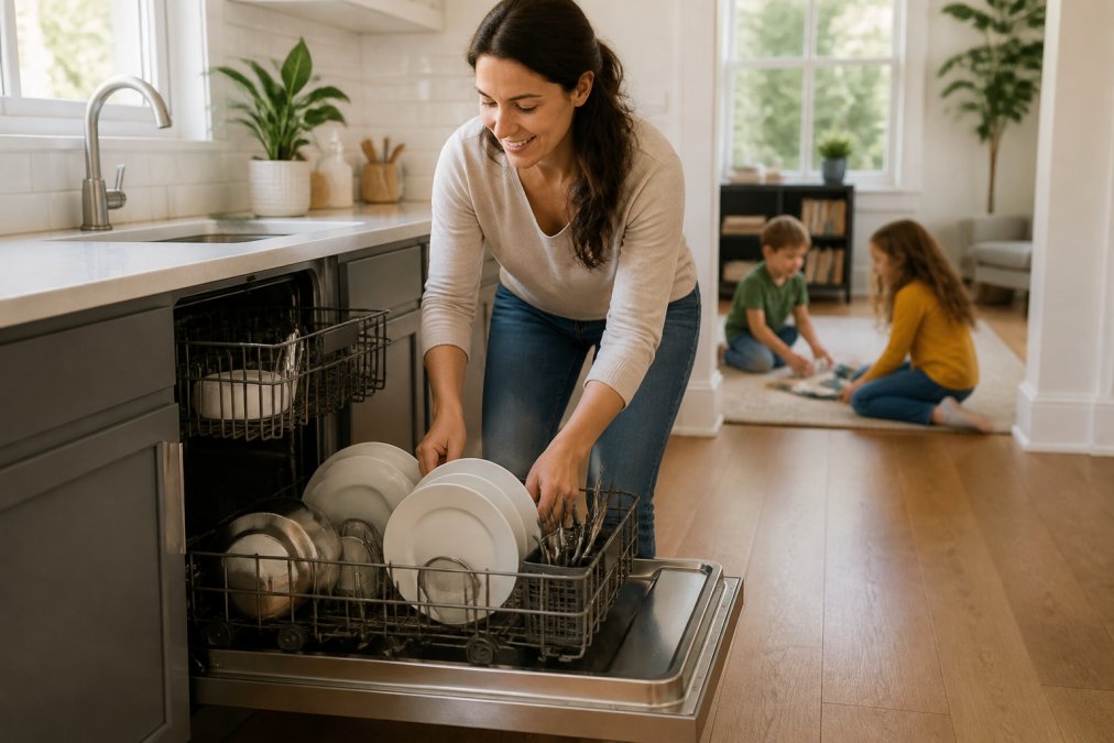 A busy parent loading a modern stainless steel dishwasher while kids play in a bright, contemporary kitchen in the background, warm natural light streaming through windows