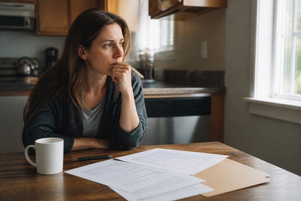 A person sitting at a kitchen table looking thoughtful, with legal documents and a pen in front of them, soft natural light streaming from a nearby window