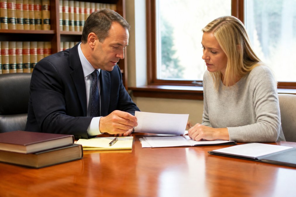 A professional attorney and a client sitting across from each other at a clean wooden desk in a well-lit law office, reviewing paperwork together in a calm and focused setting