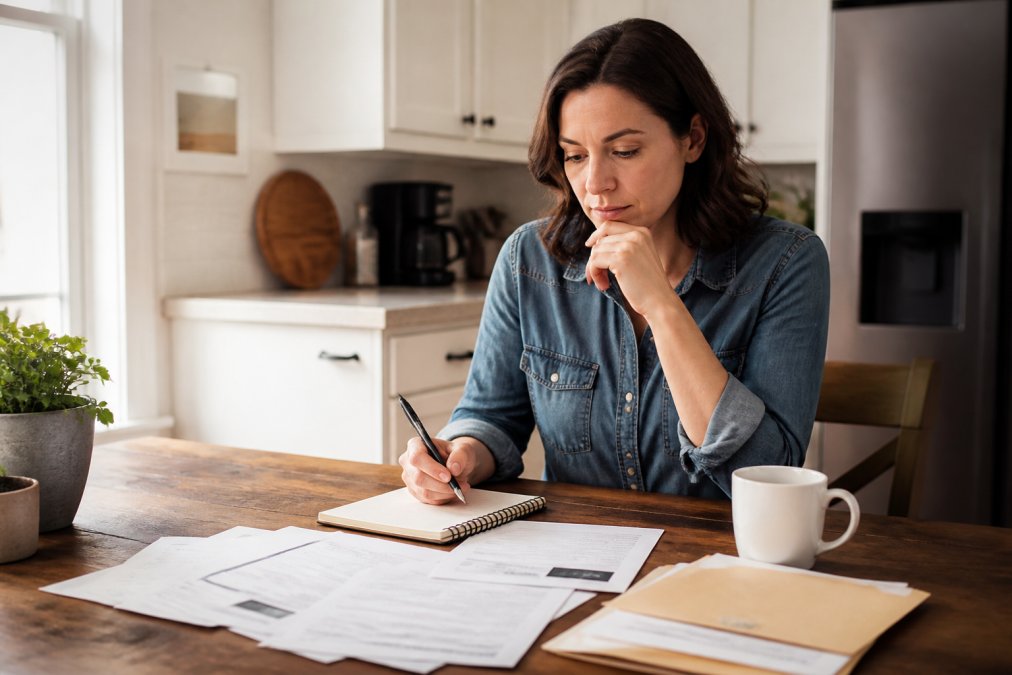A person sitting at a kitchen table with a pen and checklist notepad, thoughtfully reviewing paperwork in natural morning light with a cup of coffee nearby