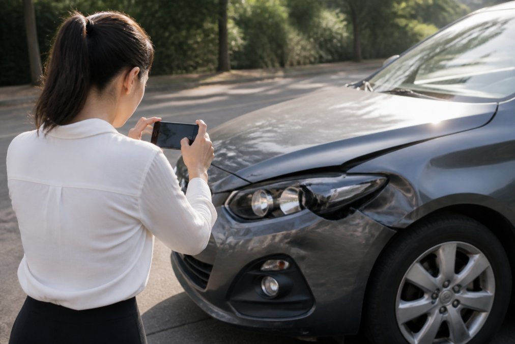 Person standing beside a slightly damaged car on a roadside, taking photos of the vehicle damage with a smartphone on a sunny day