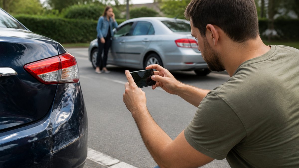 A driver uses a smartphone to document damage after a minor car accident in daylight