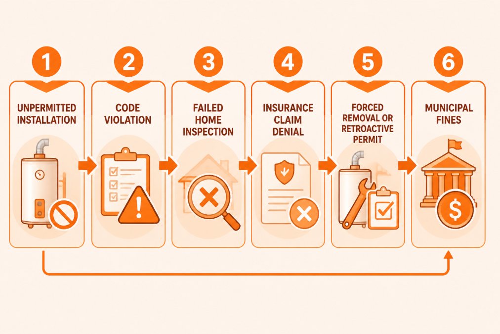 Flowchart diagram showing cascade: Unpermitted Installation → Code Violation → Failed Home Inspection → Insurance Claim Denial → Forced Removal or Retroactive Permit → Municipal Fines